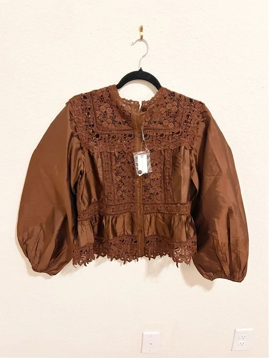 NWT By Anthropologie Long-Sleeve Eyelet Lace Blouse Brown - Picture 5 of 7